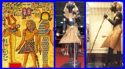 Menswear - Aprons | Left:  reproduction papyrus illustrating the side view of a triangular apron or skirt.  Middle:  front view of a triangular apron, as worn by one of Tutankhamun's guardian statues.  Right:  side view of one of Tutankhamun's guardian statues.