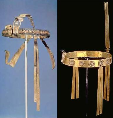 Both of these diadems belonged to Tutankhamun.  Left:  at the front of this diadem are the vulture and the uraeus, the second's wavy body extending in an arc from front to back, serving to keep the diadem from dropping down over the face.  Extending from the back to the front sides is a pair of uraei.  Dropping from the back are two gold strips.  Right:  another of Tutankhamun's diadems, also worked in gold.  This one has just the uraeus and the band has rosettes as decoration around it.  At the sides and at the back are pairs of gold strips.  Also at the back, extending upward is a tall pair of skinny gold plumes, which call to mind the headdress Atum wears.